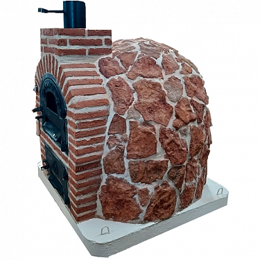 DOUBLE CHAMBER WOOD-FIRED OVEN WITH STOVETOP, FINISHED IN HISPANIS RED STONE