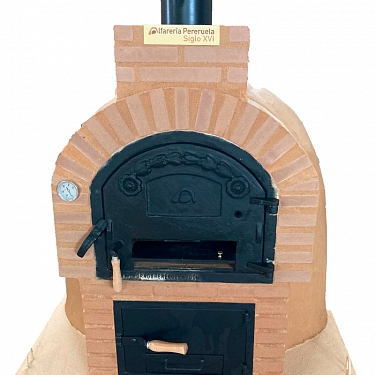 DOUBLE CHAMBER WOOD-FIRED OVEN WITH STOVETOP, FINISHED IN POLISHED TERRACOTTA