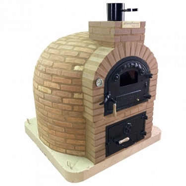  DOUBLE CHAMBER WOOD-FIRED OVEN WITH STOVETOP, FINISHED IN SALMON-COLORED RUSTIC BRICK FROM PERERUEL