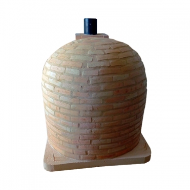  DOUBLE CHAMBER WOOD-FIRED OVEN WITH STOVETOP, FINISHED IN SALMON-COLORED RUSTIC BRICK FROM PERERUEL