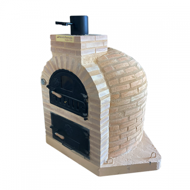  DOUBLE CHAMBER WOOD-FIRED OVEN WITH STOVETOP, FINISHED IN SALMON-COLORED RUSTIC BRICK FROM PERERUEL