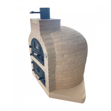  DOUBLE CHAMBER WOOD-FIRED OVEN WITH STOVETOP, FINISHED IN SALMON-COLORED RUSTIC BRICK FROM PERERUEL